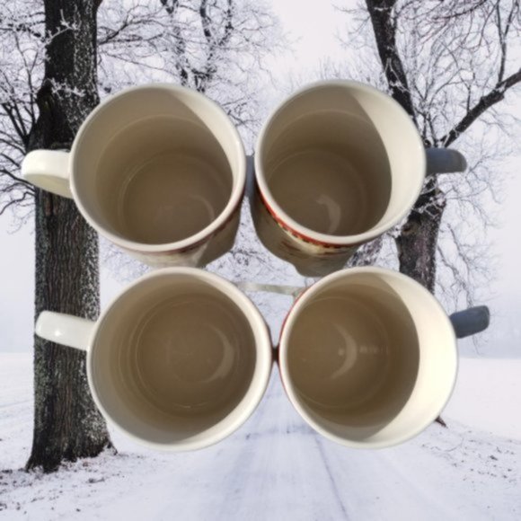 Thomson China Holiday Coffee Tea Mugs Set of 4 Snowman Birdhouse White Red - Picture 4 of 9